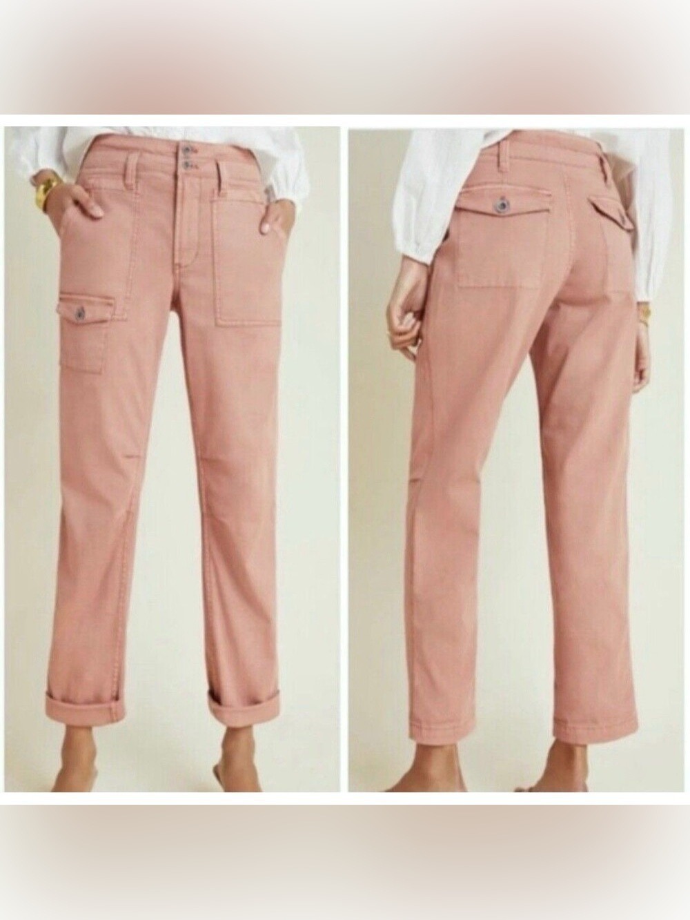Anthropologie The Wanderer Dusty Pink Cropped Utility Khaki Cargo Pants Size 28